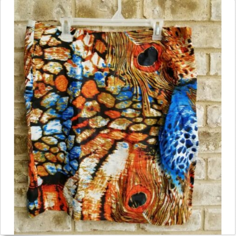 Zoe D  SZ 16 Orange Multicolor Peacock Skirt Linen